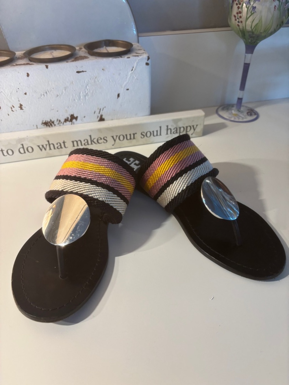 Tory Burch Black Slide Sandals with Pink, Yellow and Cream Stripes